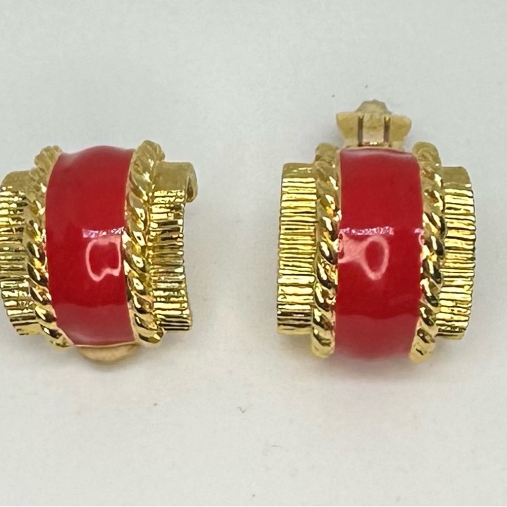 Vintage St John Red Enamel Gold-tone Clip-on Earrings